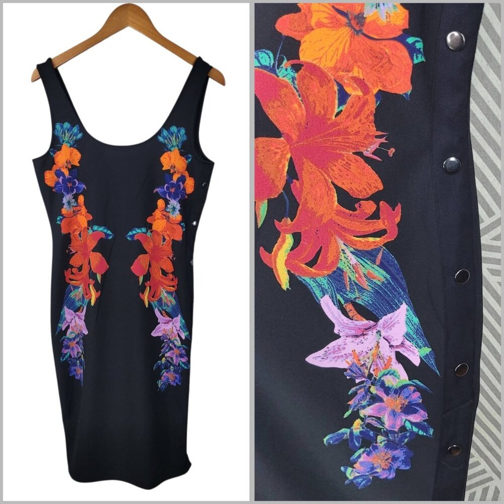 New Bold Elements Dress size Medium Tropical black Sheath evening club Hawaiian